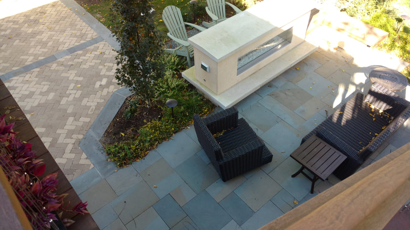 overhead view of back patio with furniture