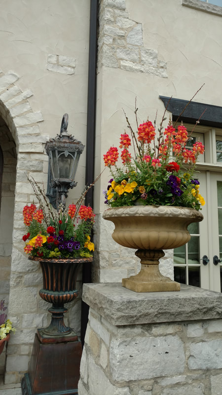 medium shot of two large stone pots with flowers inside