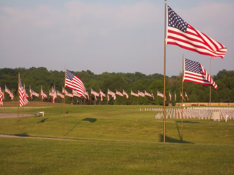 large field with american flags and gravestones