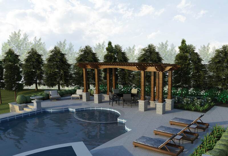 3D rendering of backyard pool and lounge area