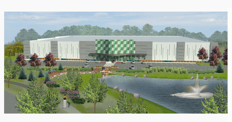 3D rendering of large building with pond and walking paths